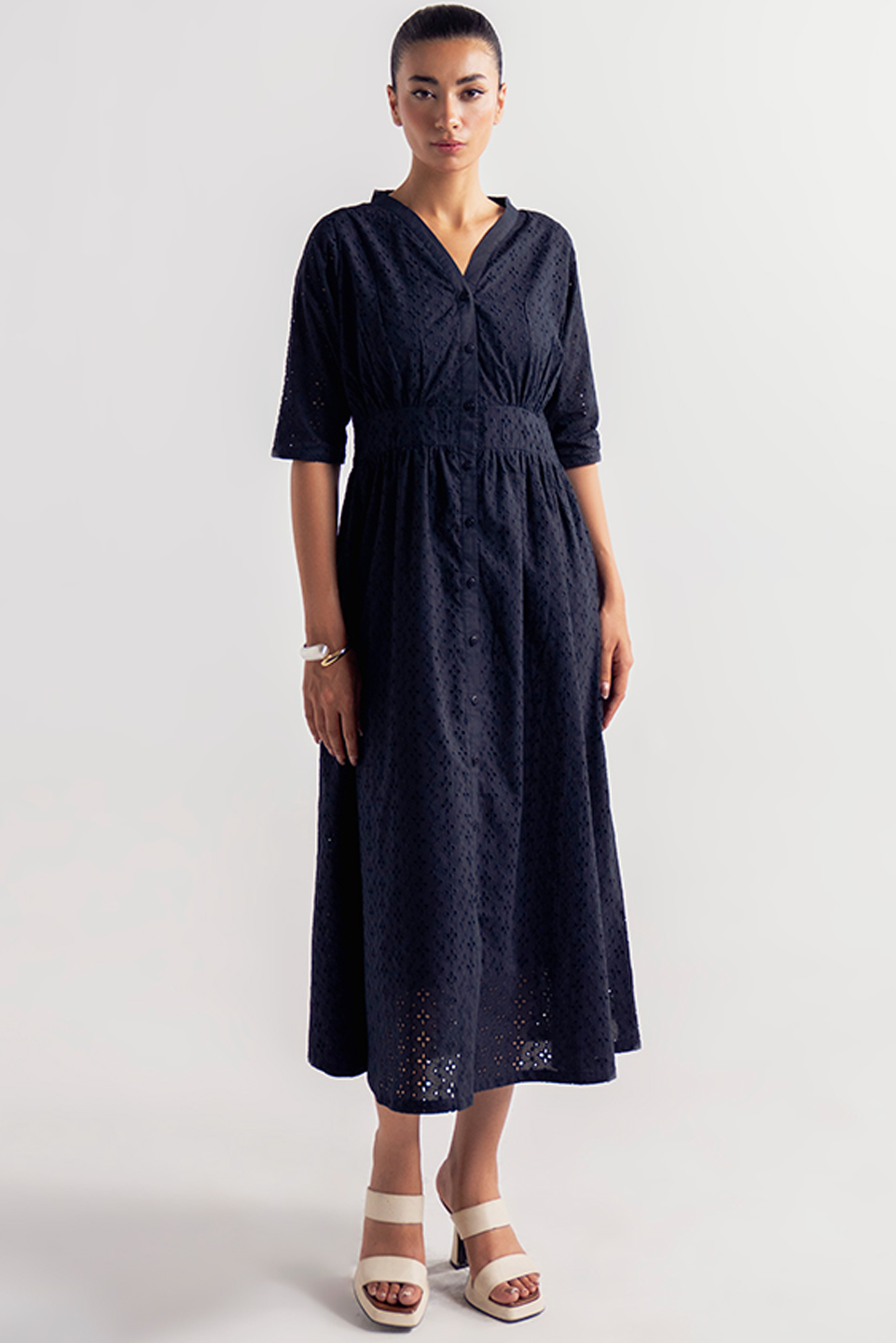 V-NECK EYELET DRESS