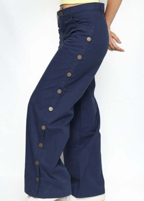 blue snap button side pants for women in Pakistan