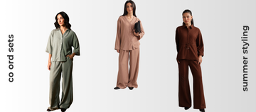 co ord sets in salmon pink, brown and green. with text that says co ord sets, summer styling