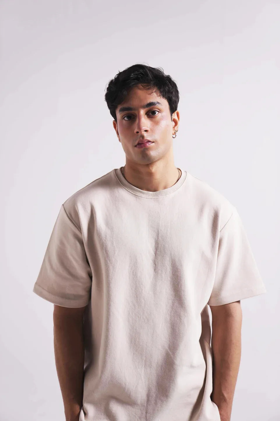 Beige oversized essential t shirt for men relaxed style
