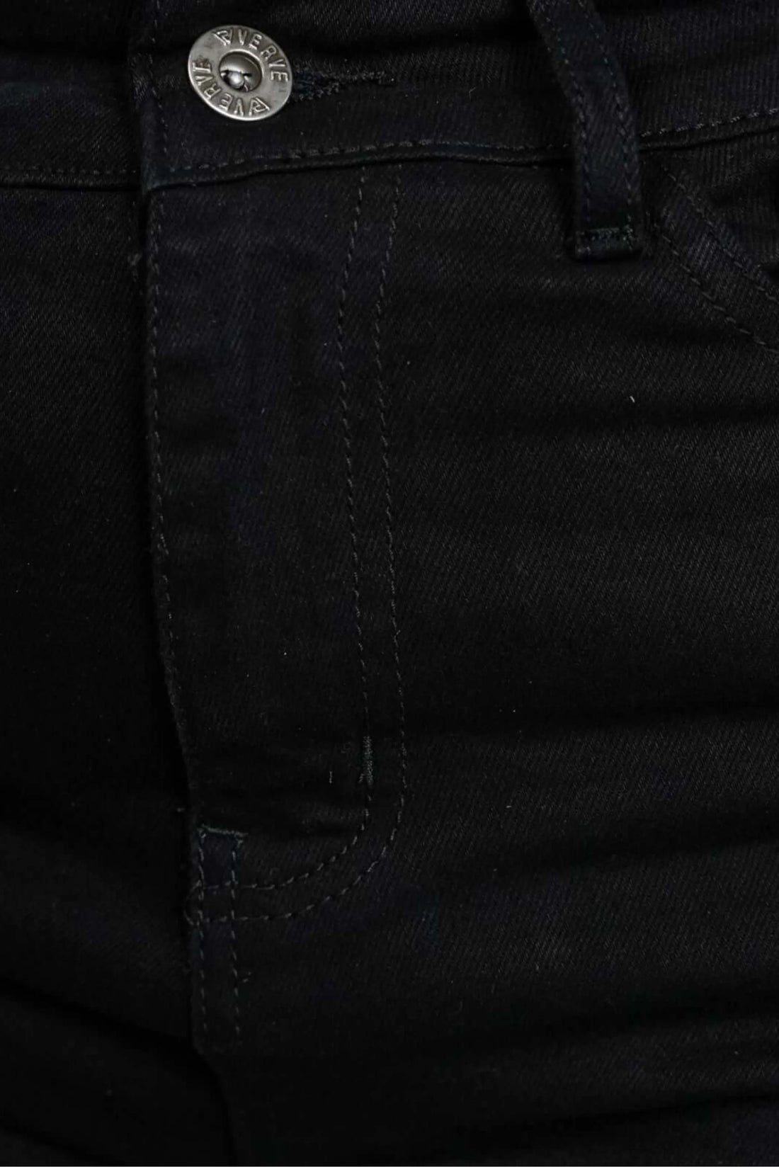 Black slim fit denim pants close-up showing premium denim fabric