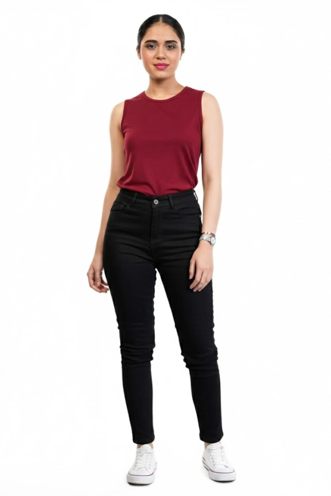Women black slim fit denim pants front view with modern stretch fit - verve