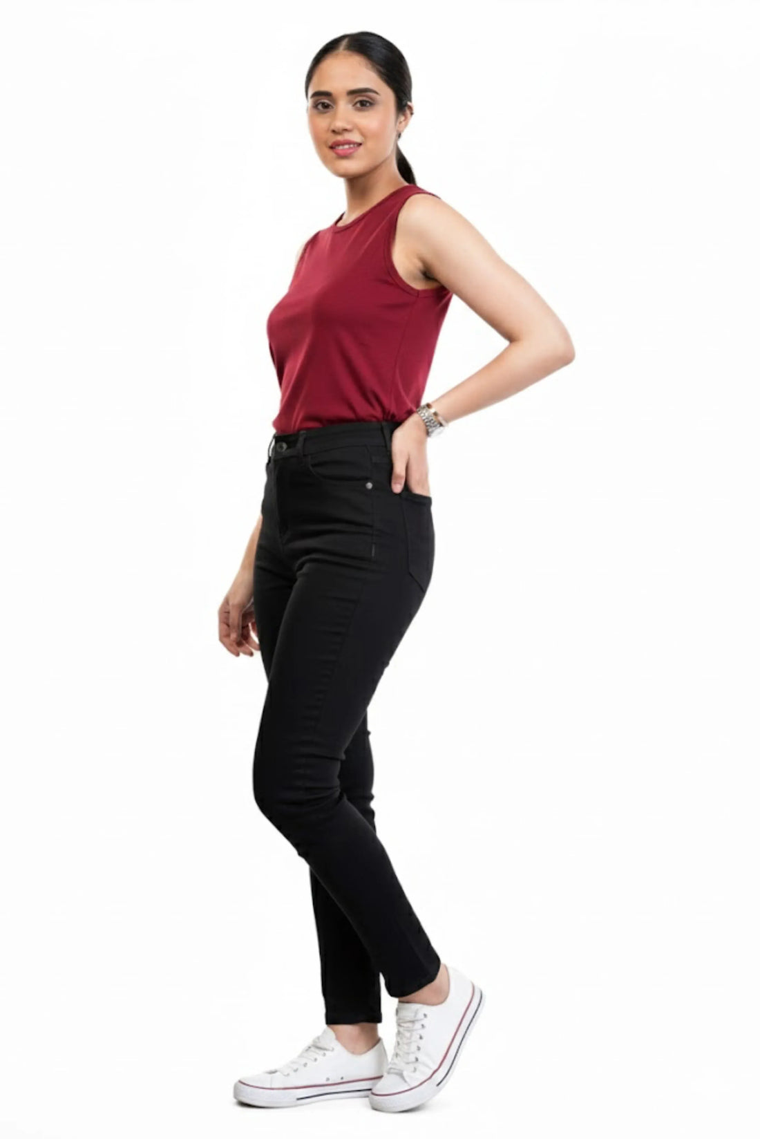Women black slim fit denim pants front view with modern stretch fit - verve