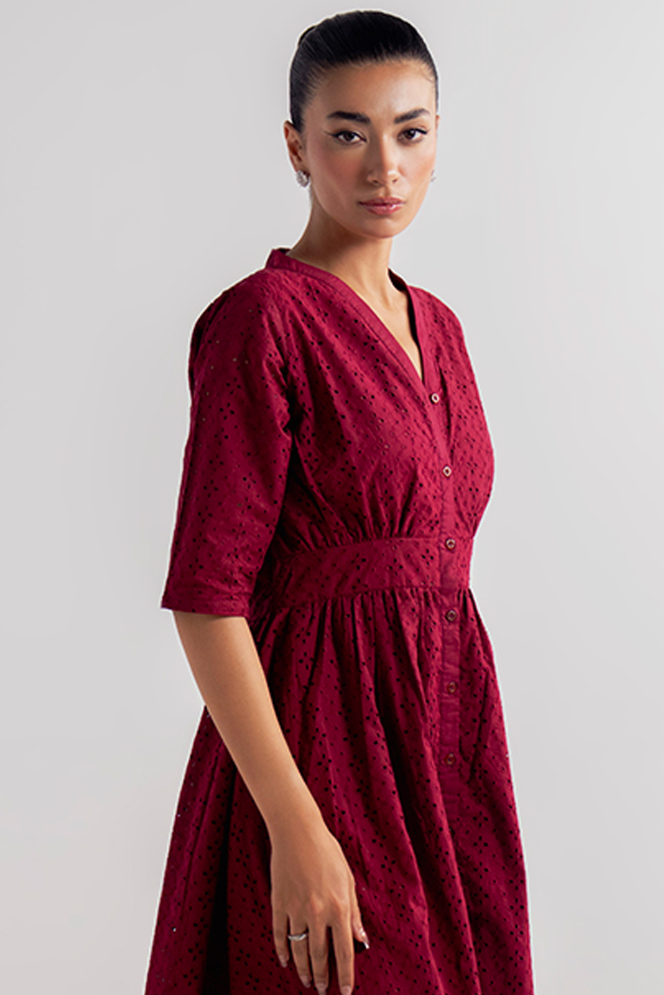 V-NECK EYELET DRESS