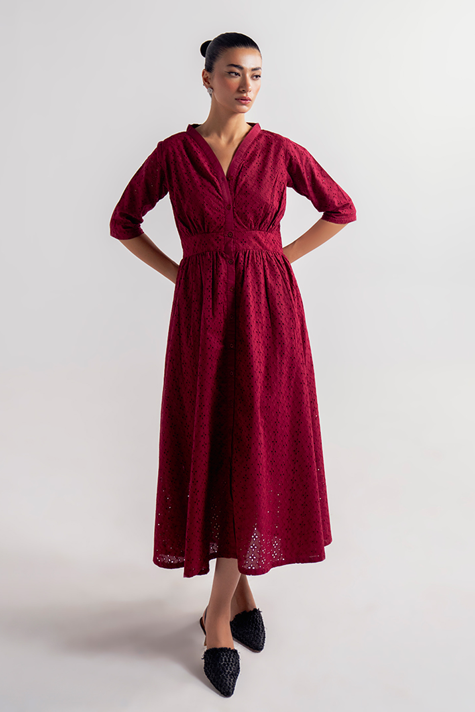RED V-NECK EYELET DRESS FOR WOMEN