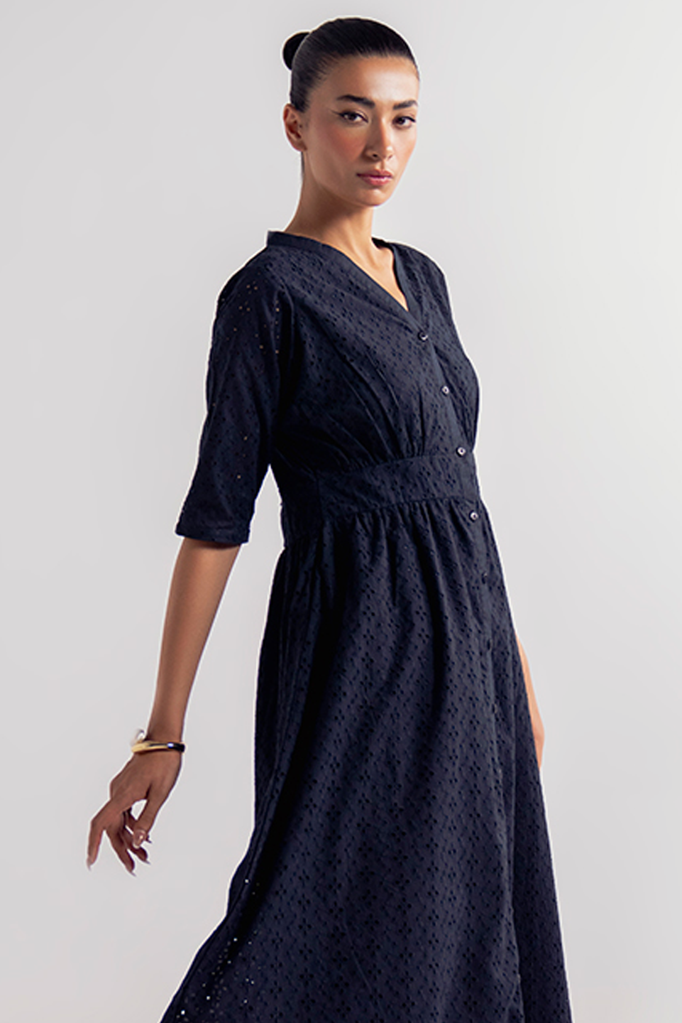 V-NECK EYELET DRESS