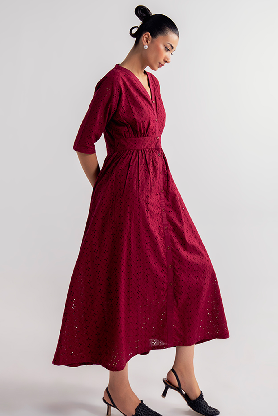 RED V-NECK EYELET DRESS FOR WOMEN