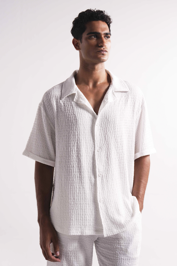 White Textured half sleeve button-up casual shirt for men.