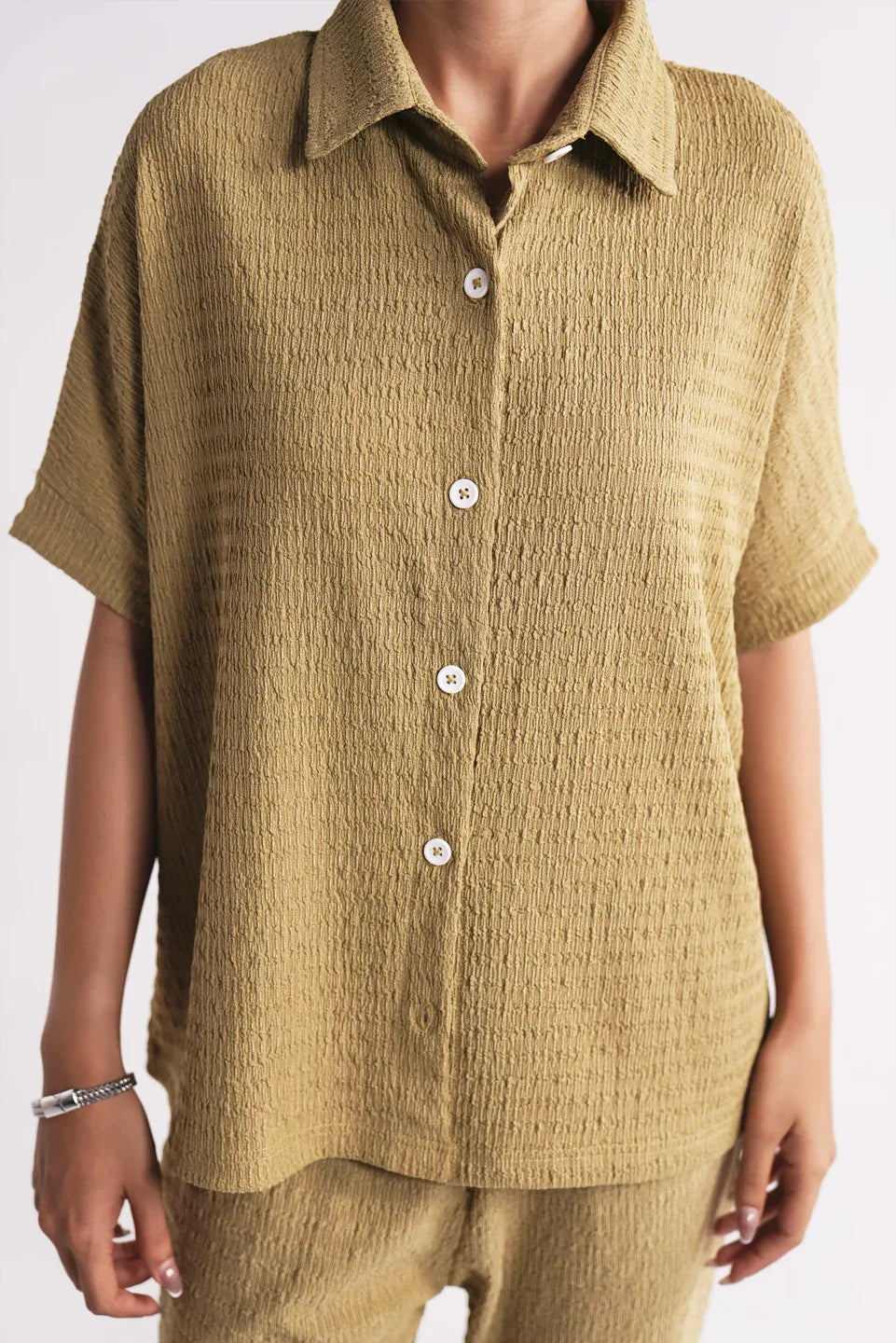 beige batwing sleeve button up shirt for women in pakistan