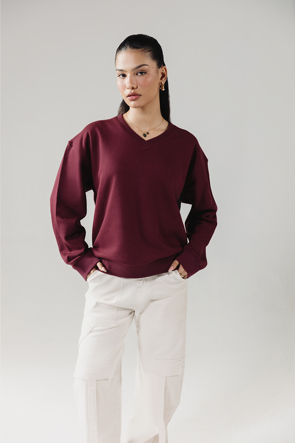 SOLID V-NECK SWEATSHIRT