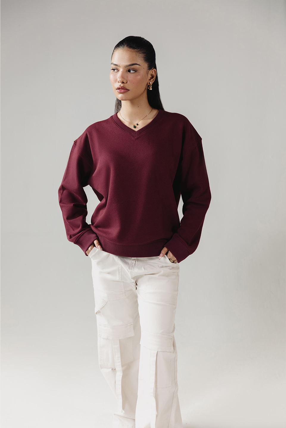 SOLID V-NECK SWEATSHIRT