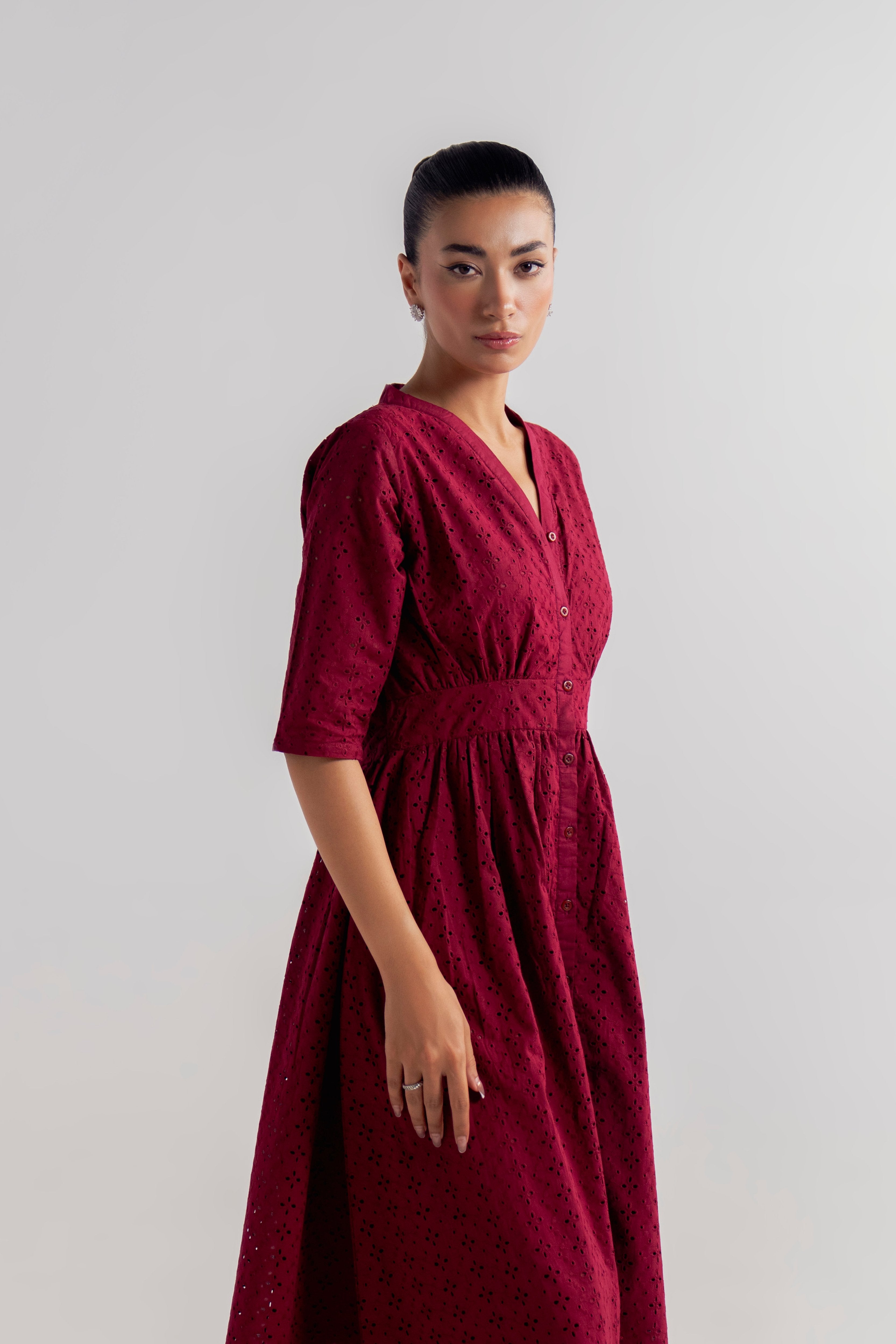 V-NECK EYELET DRESS
