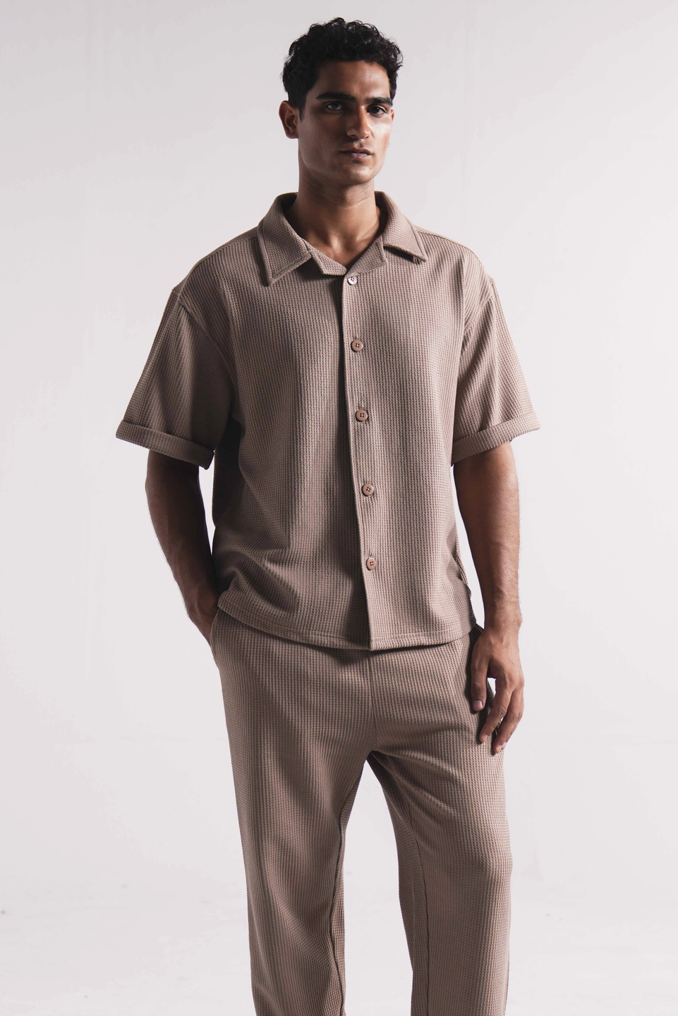 Beige Waffle knit short sleeve button-up casual shirt for men