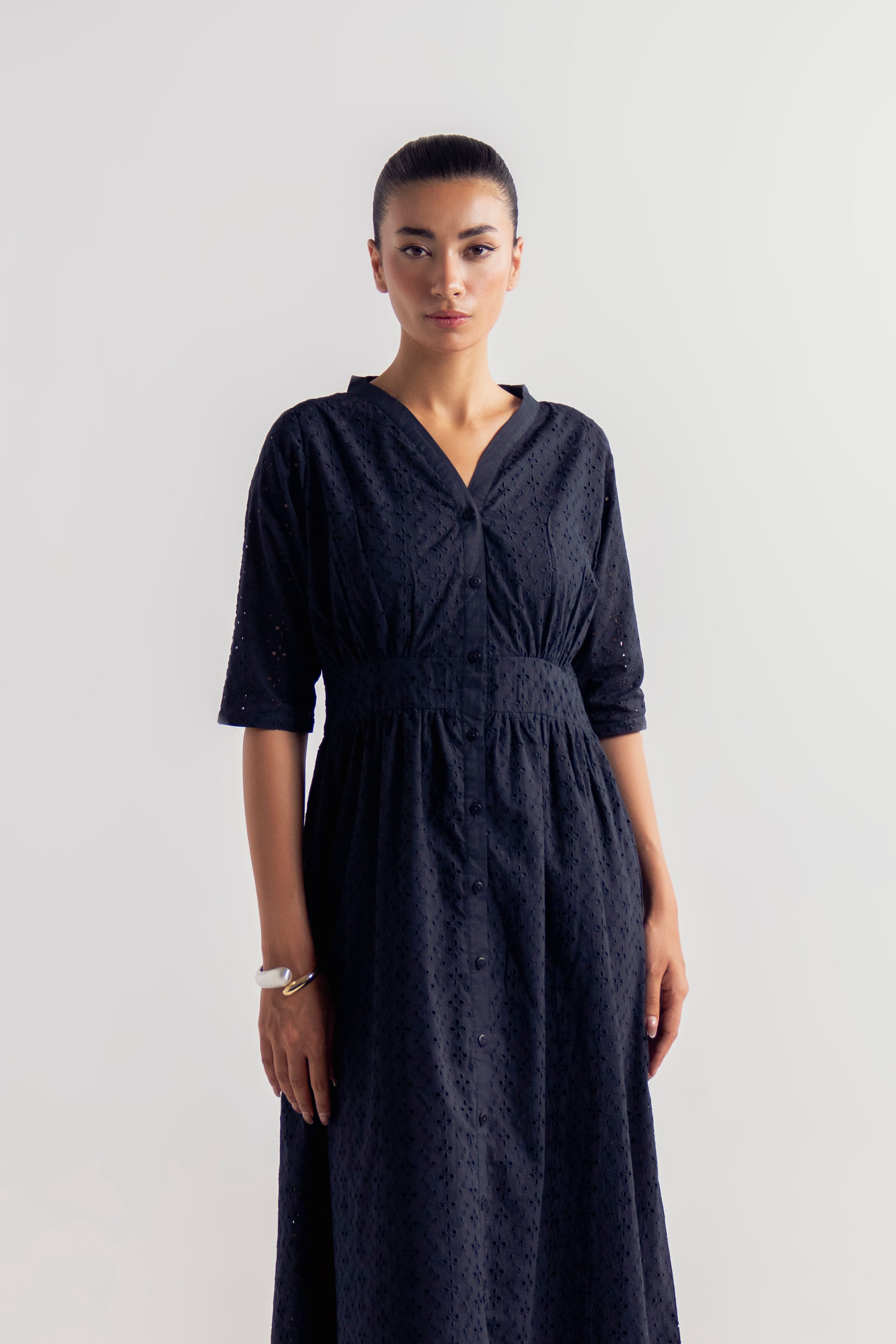 V-NECK EYELET DRESS