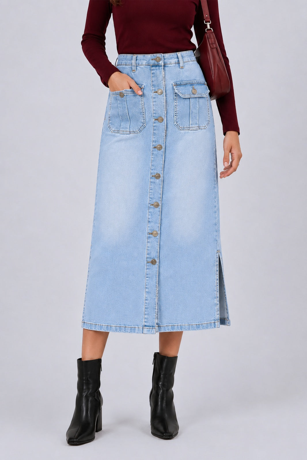 BUTTON DOWN SKIRT LIGHT WASH