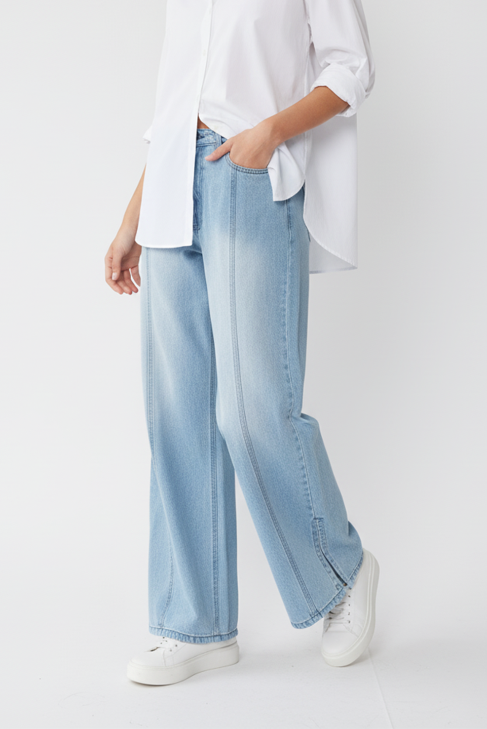 Light Blue Side Slit Wide Leg Jeans