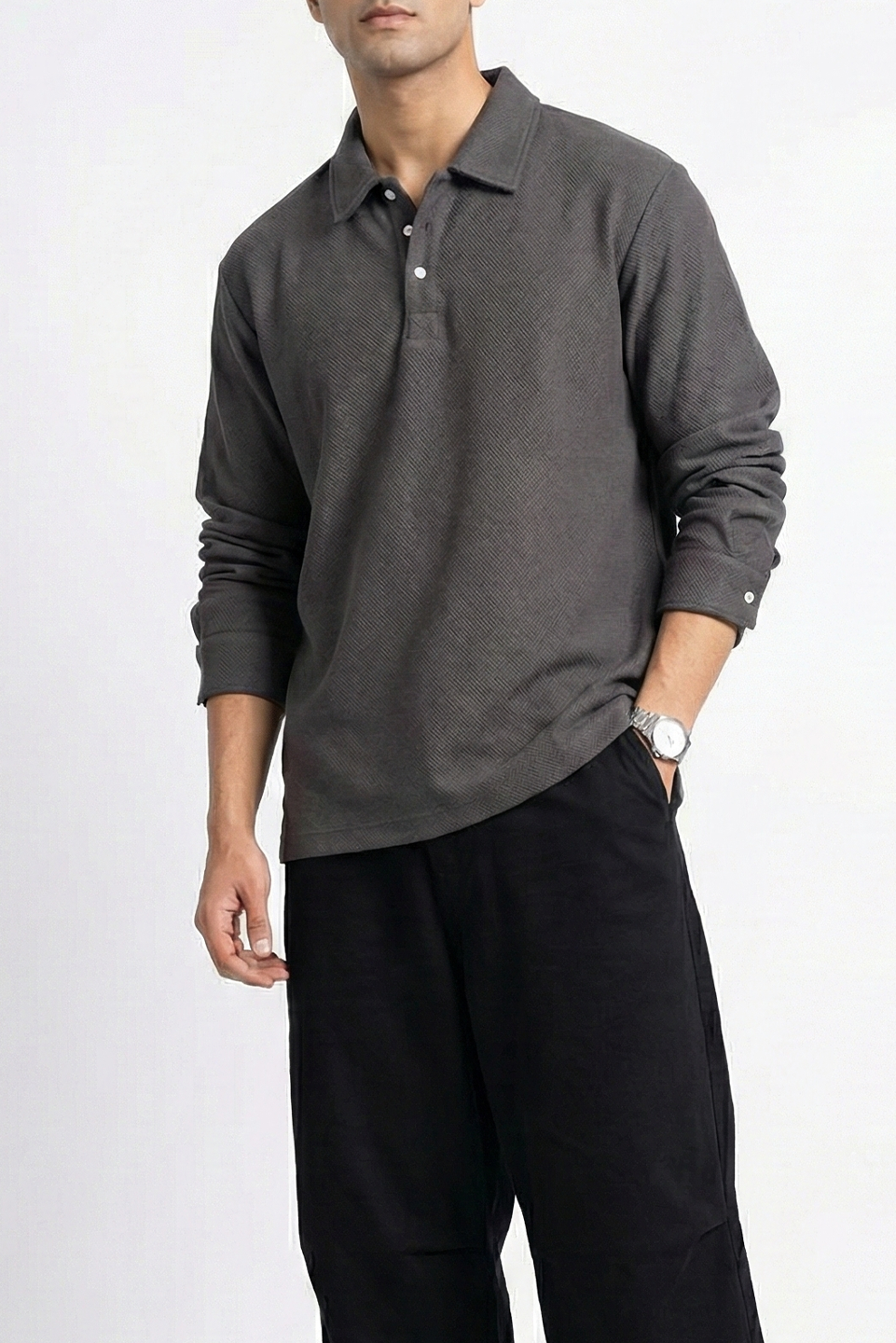 Textured Long Sleeve Polo