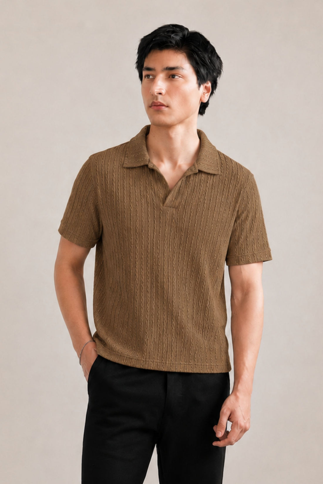 CLASSIC JOHNNY COLLAR CABLE KNIT POLO