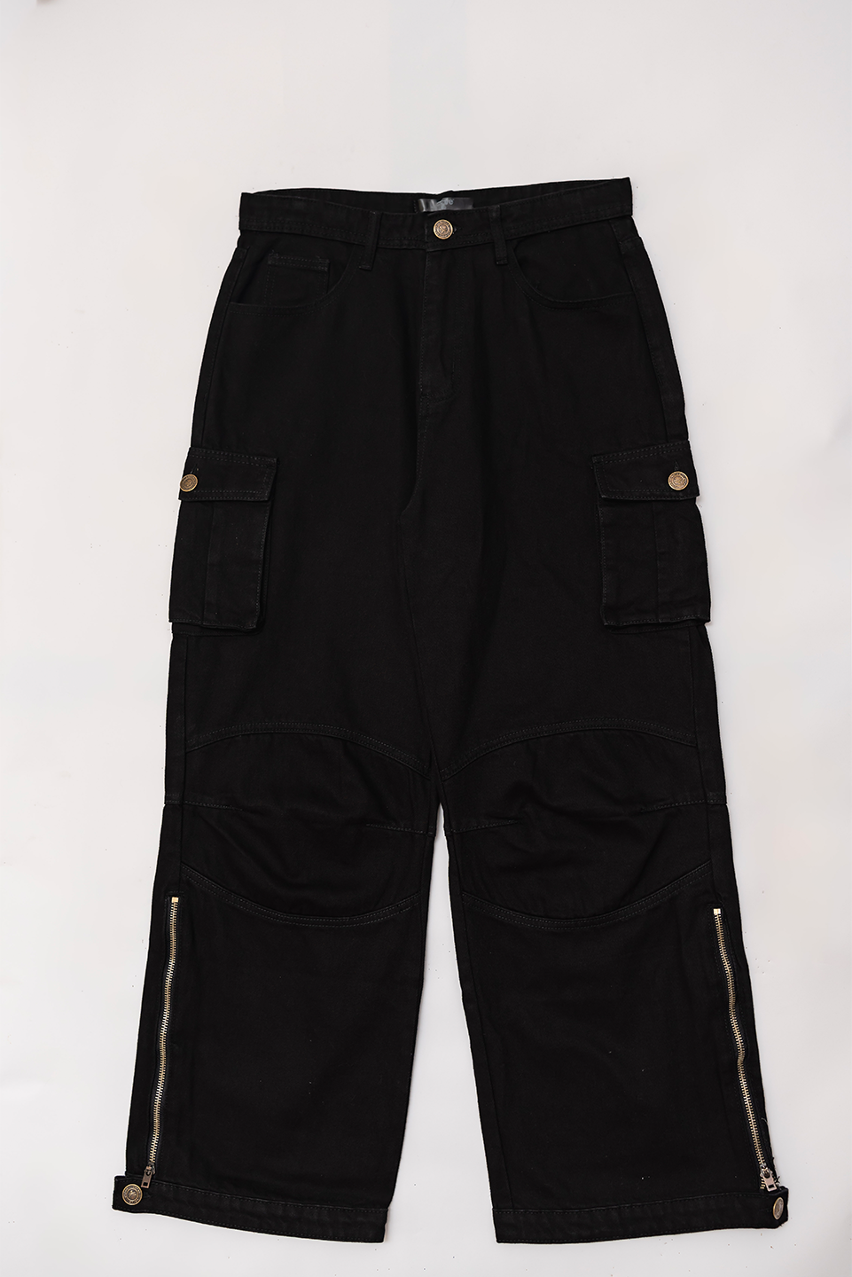 Unisex black wash cargo pants front leg view Pakistan