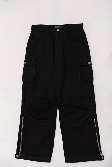 Unisex black wash cargo pants front leg view Pakistan