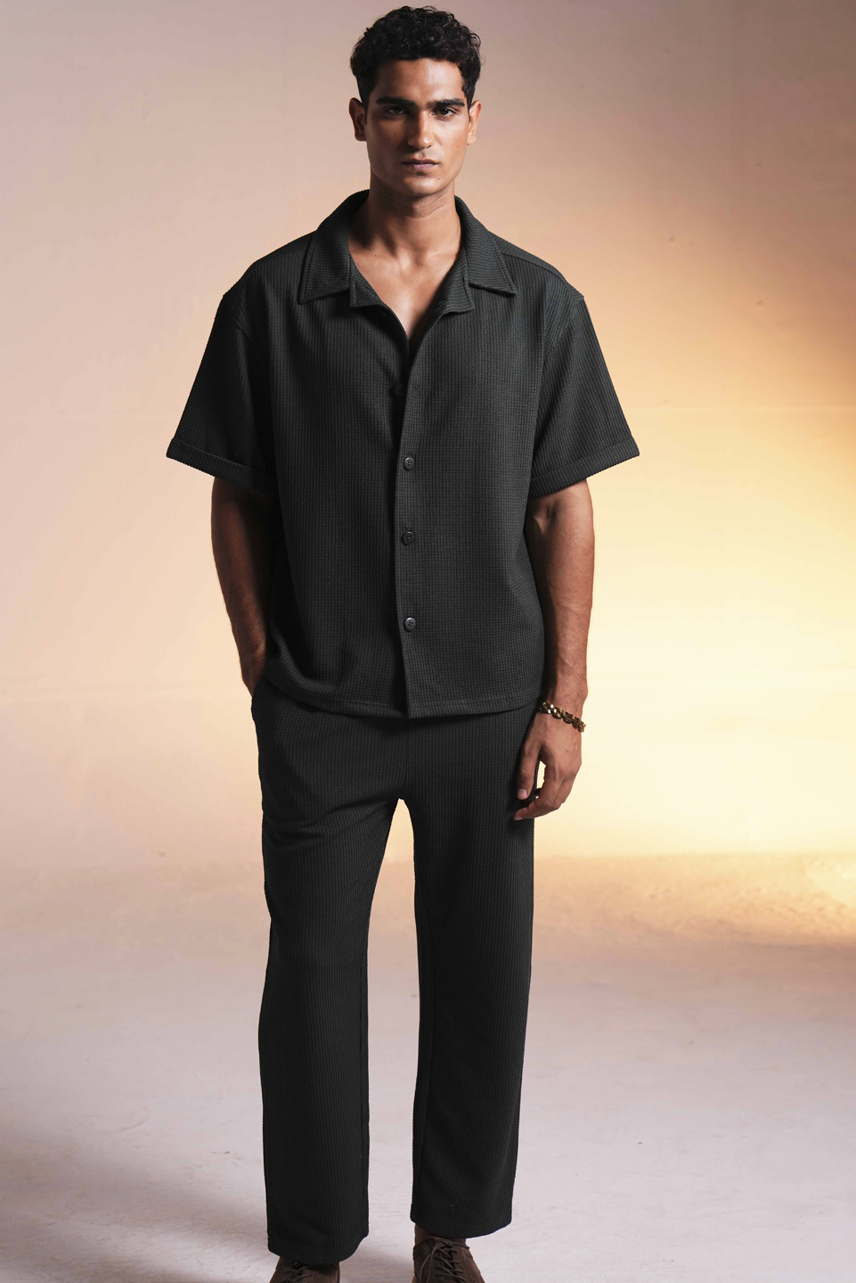 Black Textured button up casual shirt for men