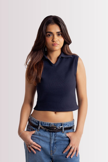 SLEEVELESS POLO COLLAR CROP TOP