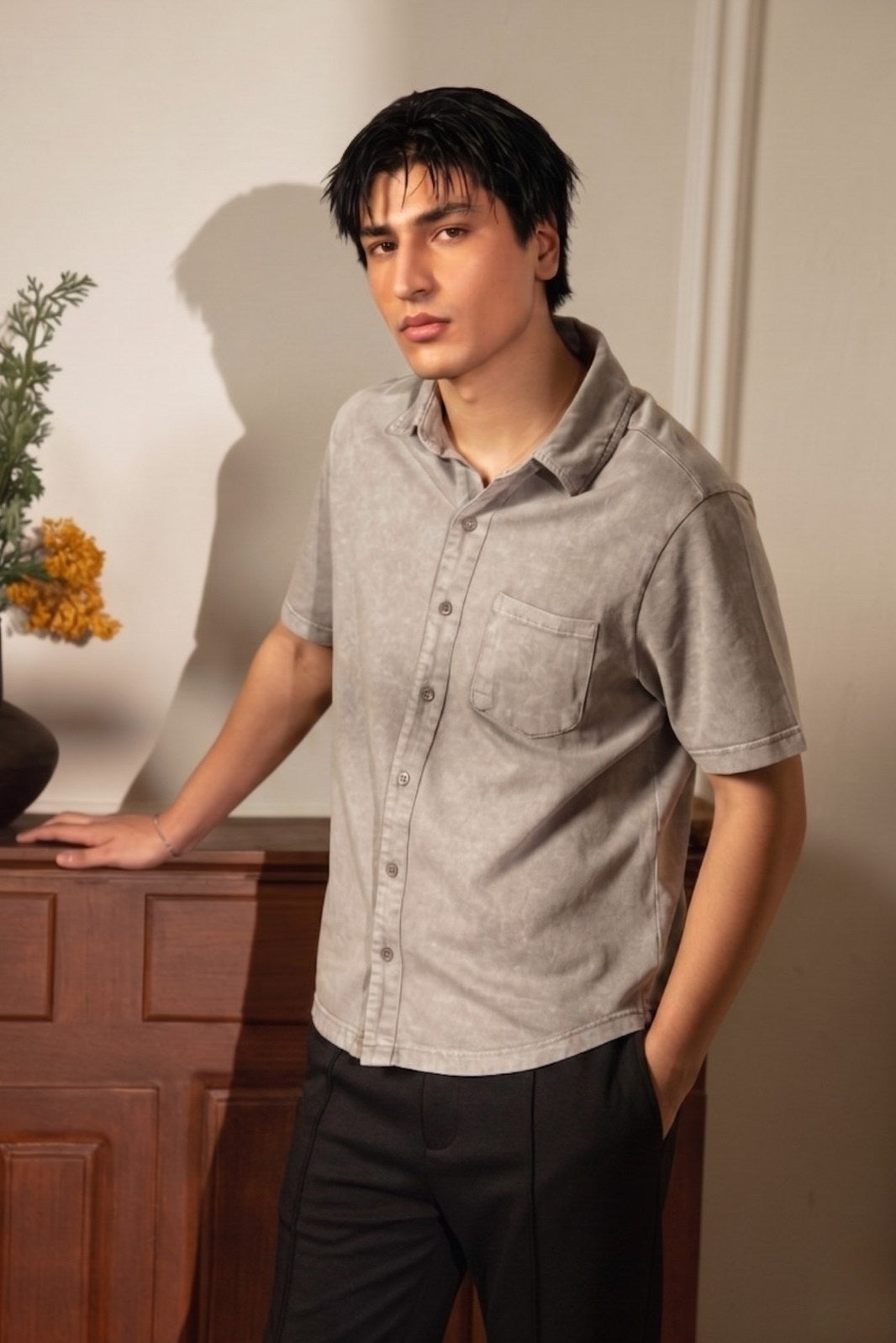 WASHED JERSEY BUTTON-DOWN SHIRT