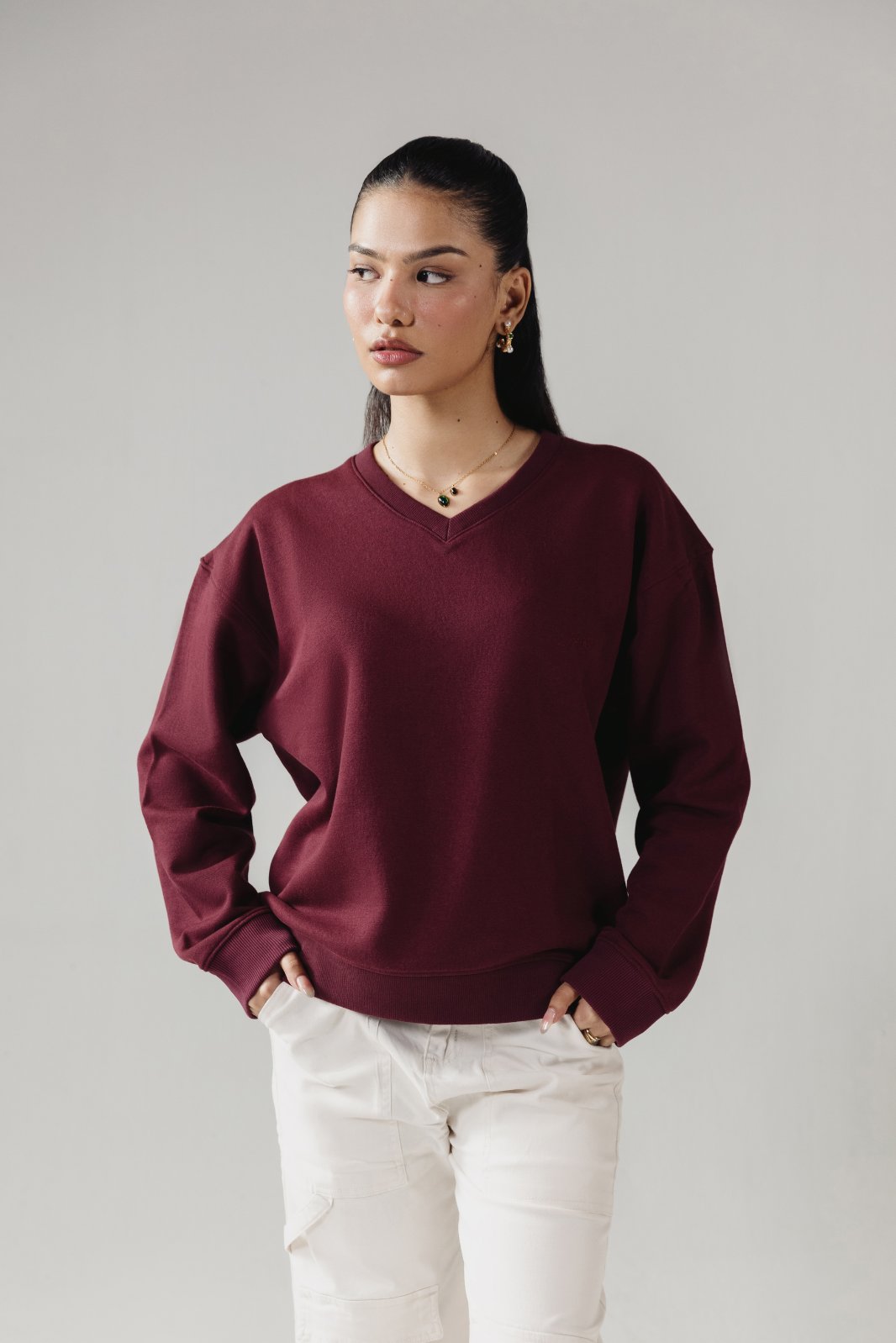 SOLID V-NECK SWEATSHIRT