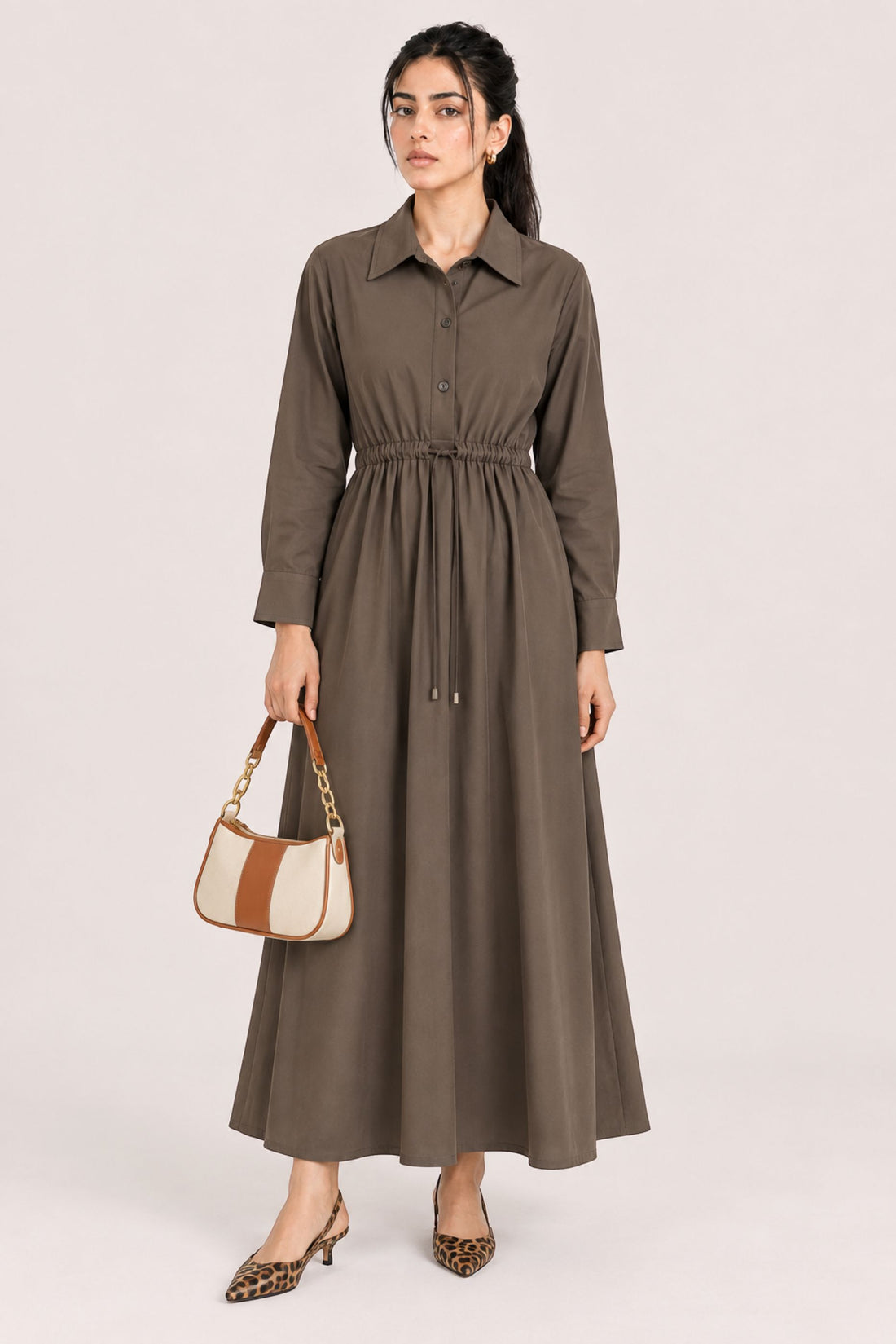 QUARTER BUTTON DOWN DRAWSTRING DRESS