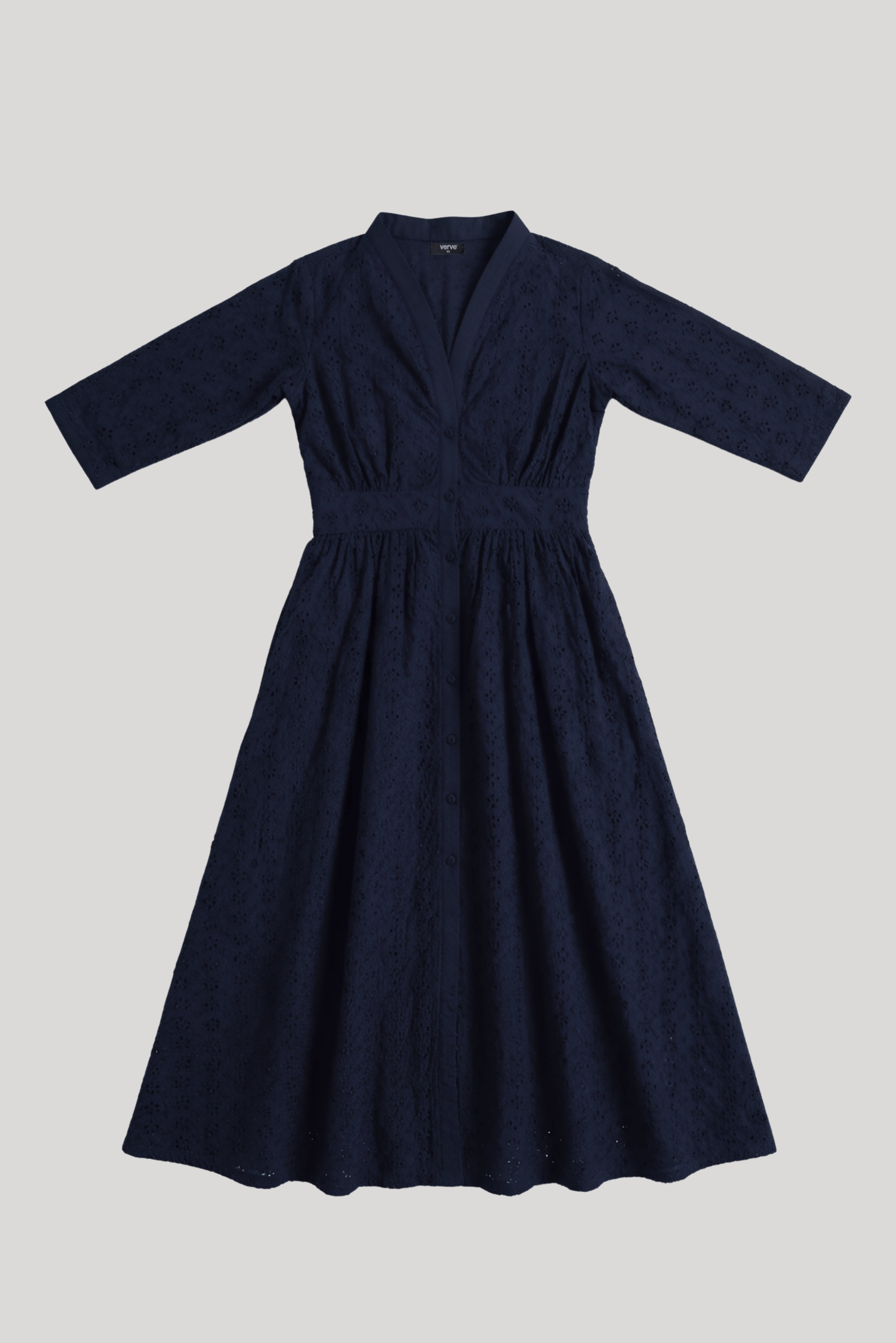 V-NECK EYELET DRESS