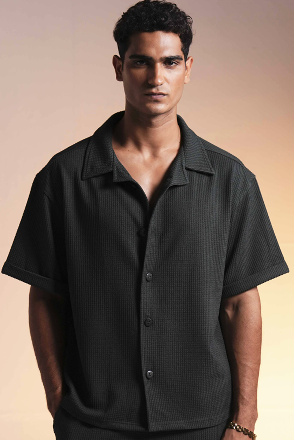 WAFFLE KNIT BUTTON UP SHIRT