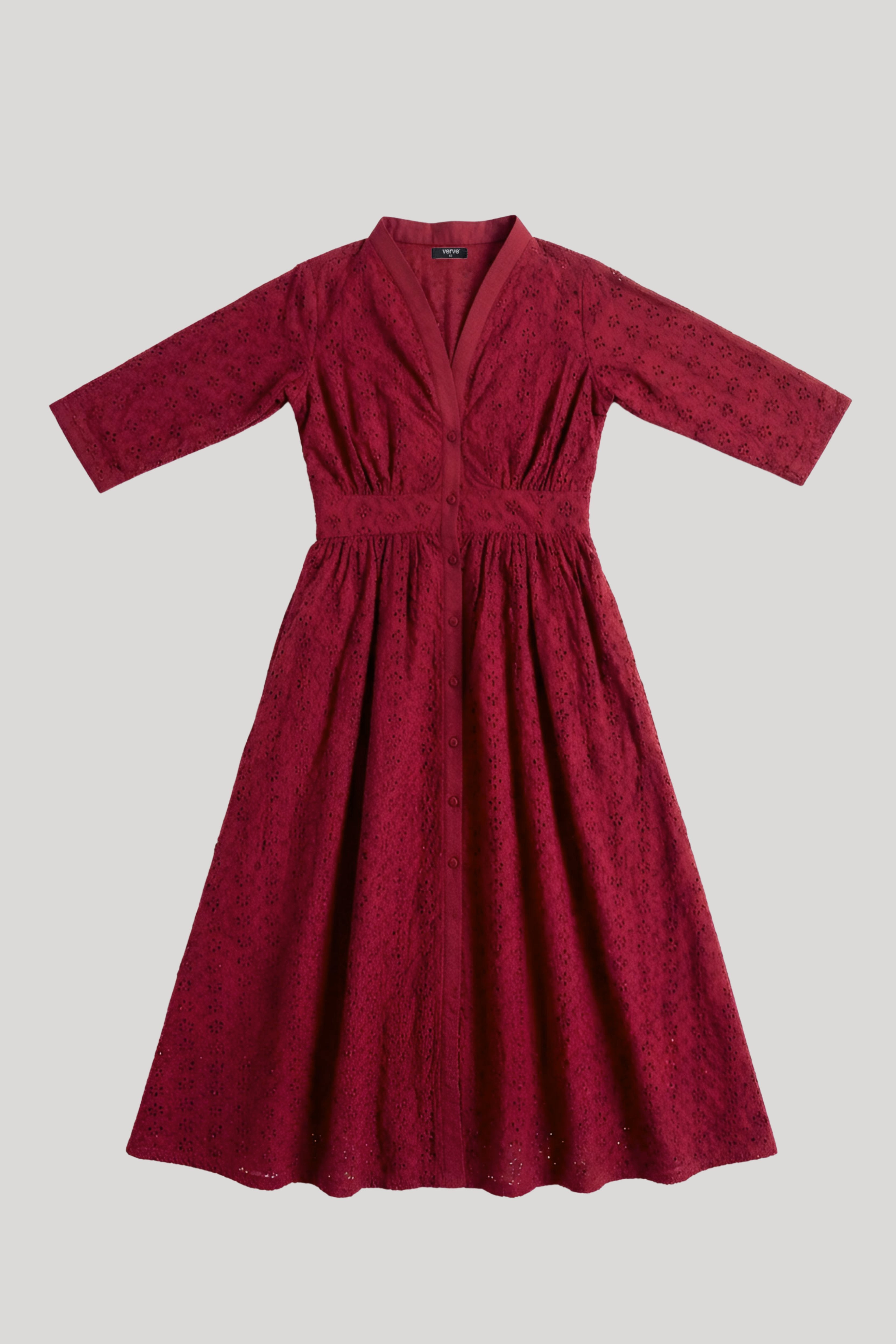 V-NECK EYELET DRESS