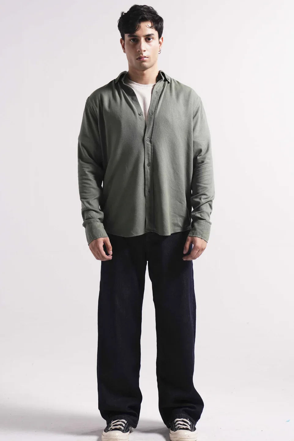 Olive green cotton casual shirt for men