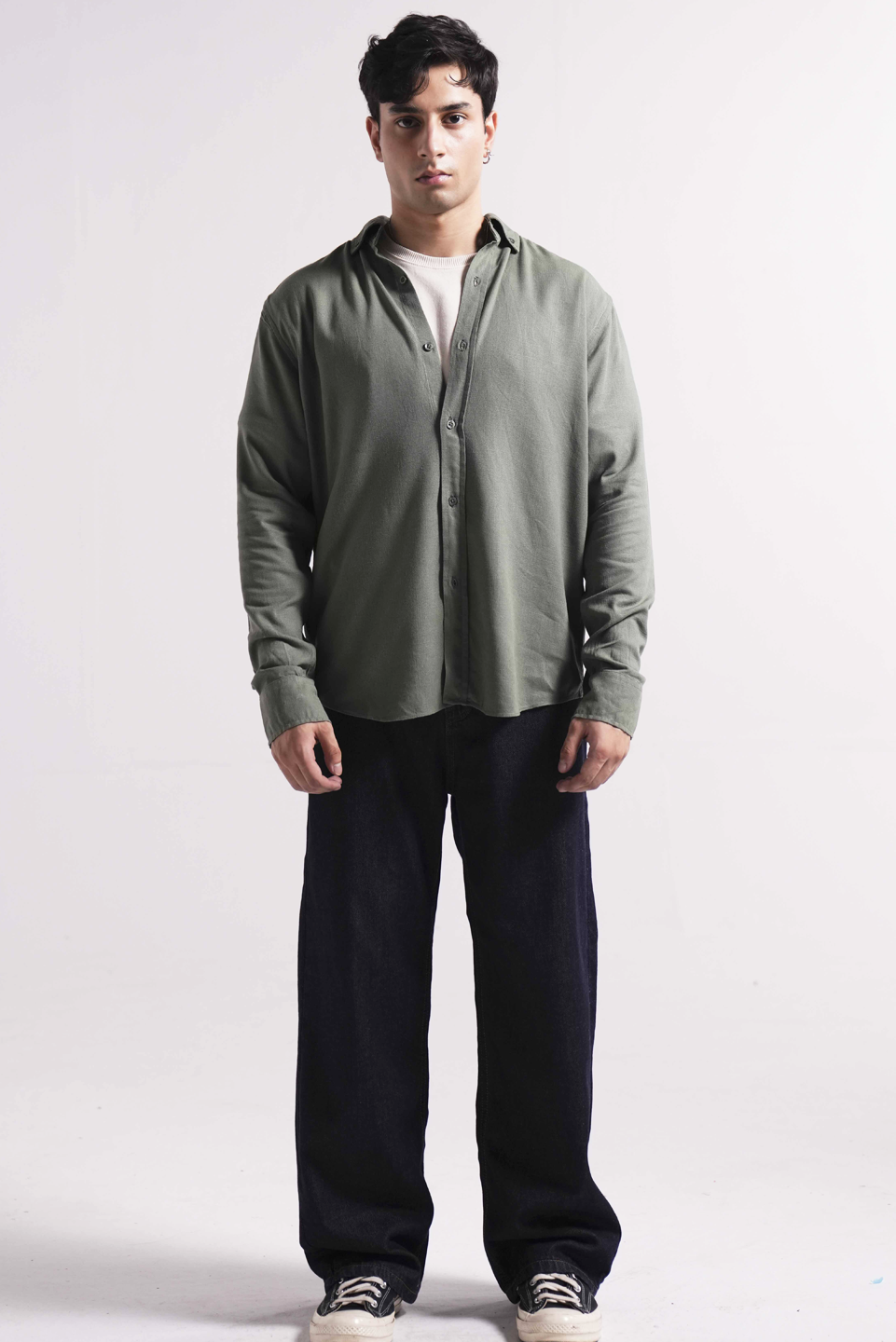 Olive green cotton casual shirt for men