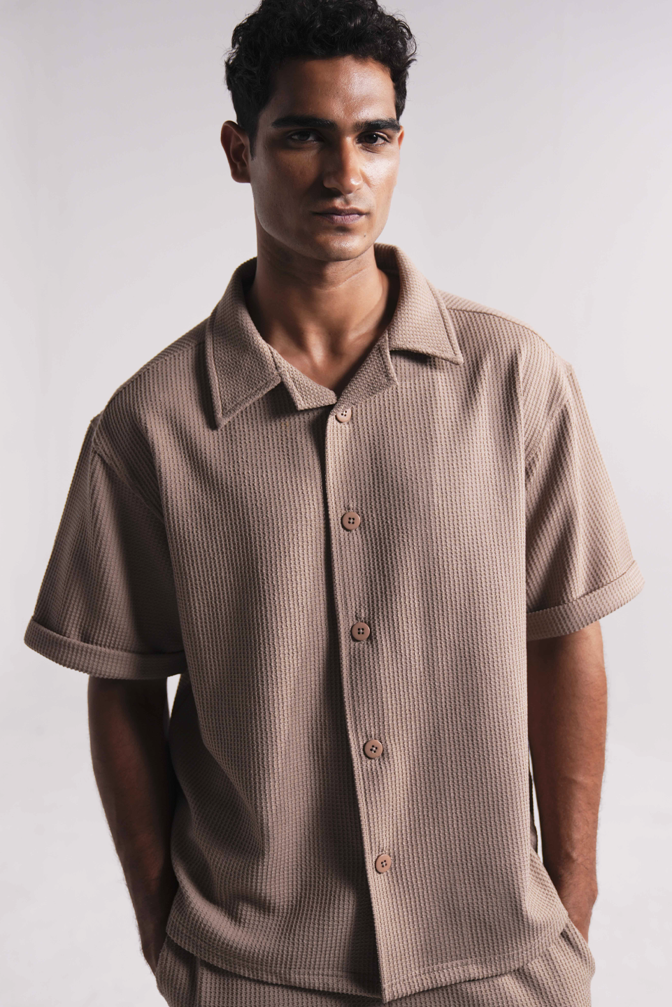 WAFFLE KNIT BUTTON UP SHIRT
