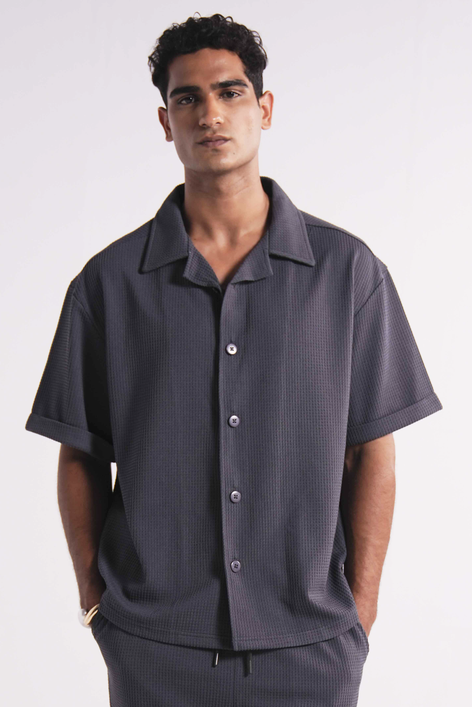 WAFFLE KNIT BUTTON UP SHIRT