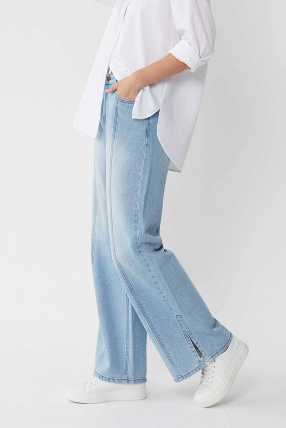 Light Blue Side Slit Wide Leg Jeans