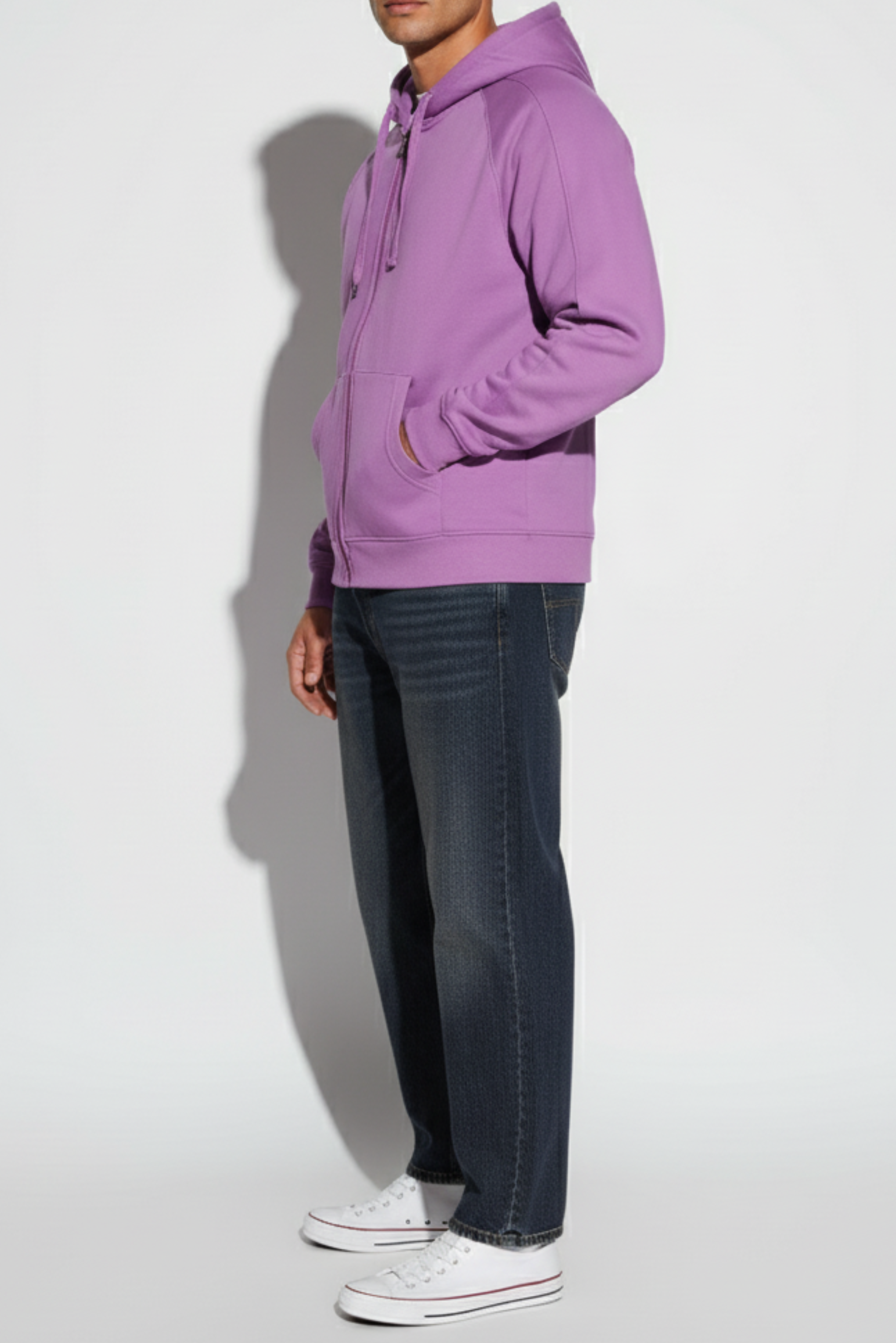 side view of a purple hoodie showing relaxed fit - verve clothing