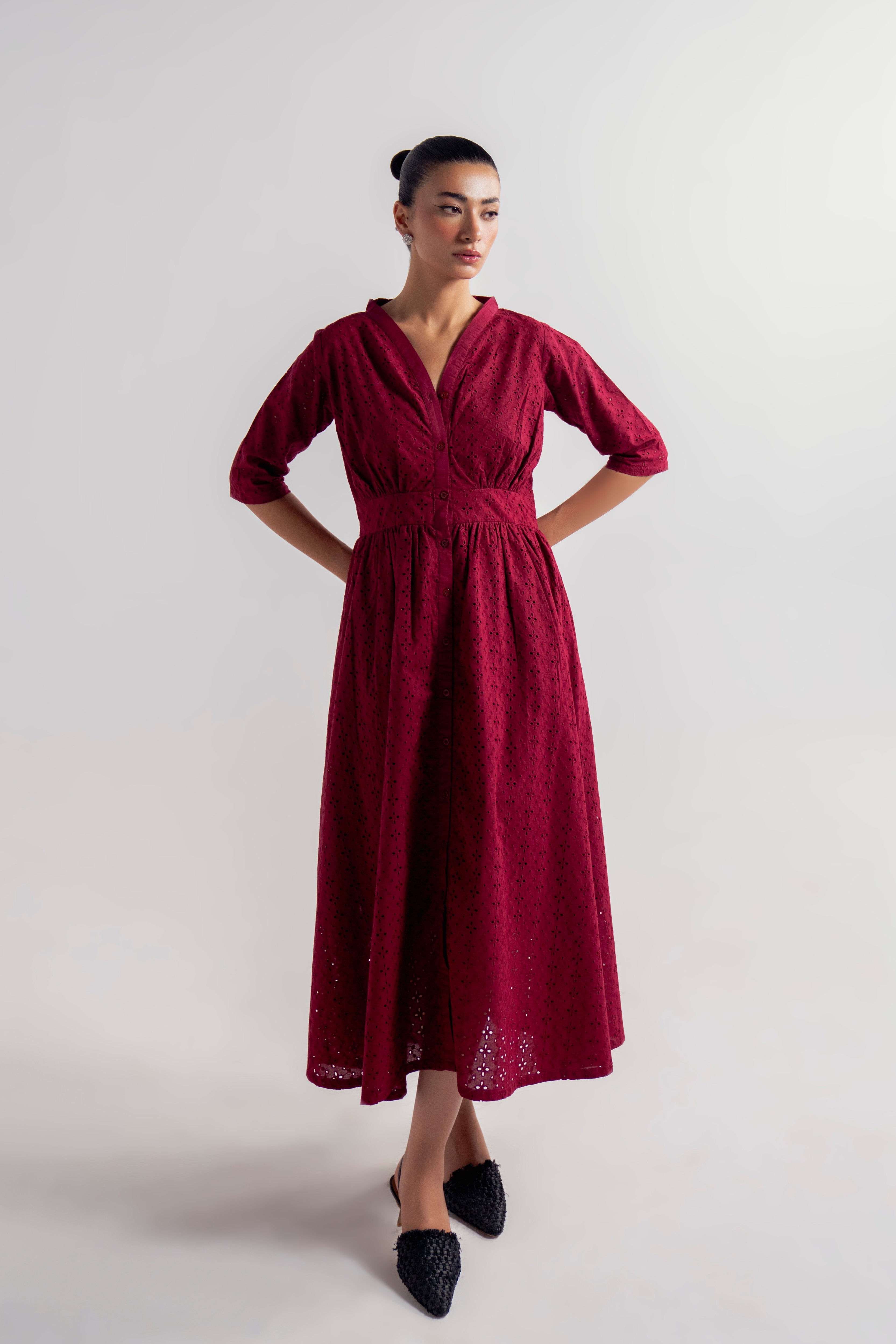 V-NECK EYELET DRESS