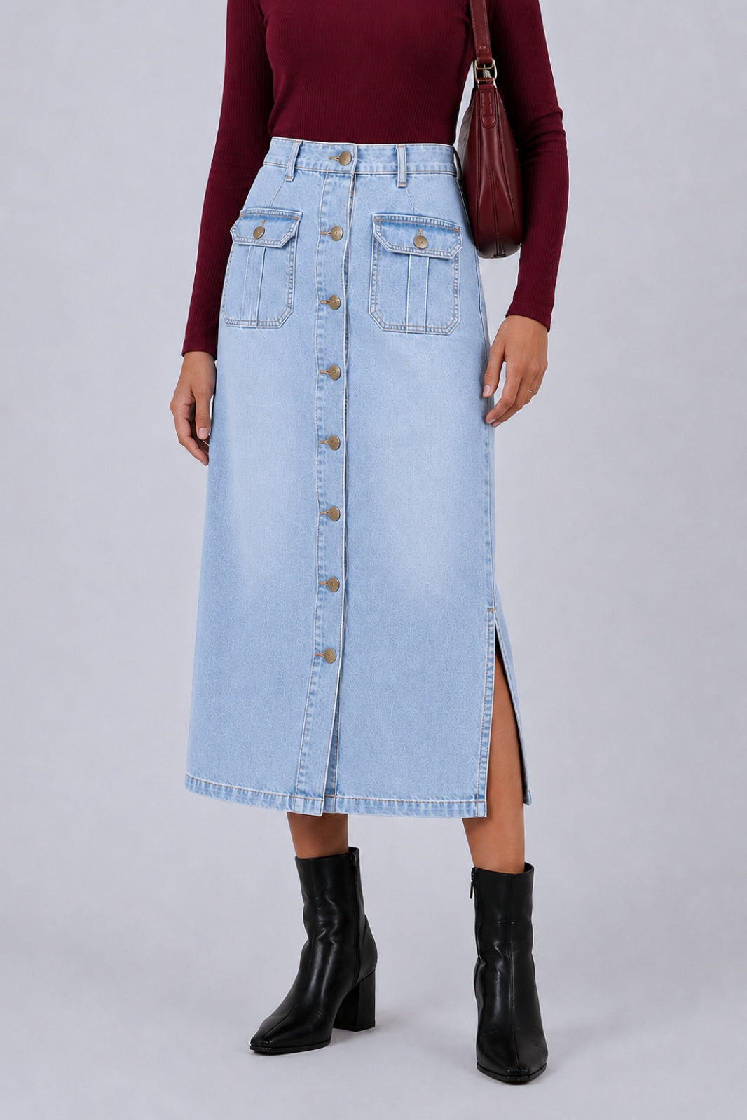 BUTTON DOWN SKIRT LIGHT WASH
