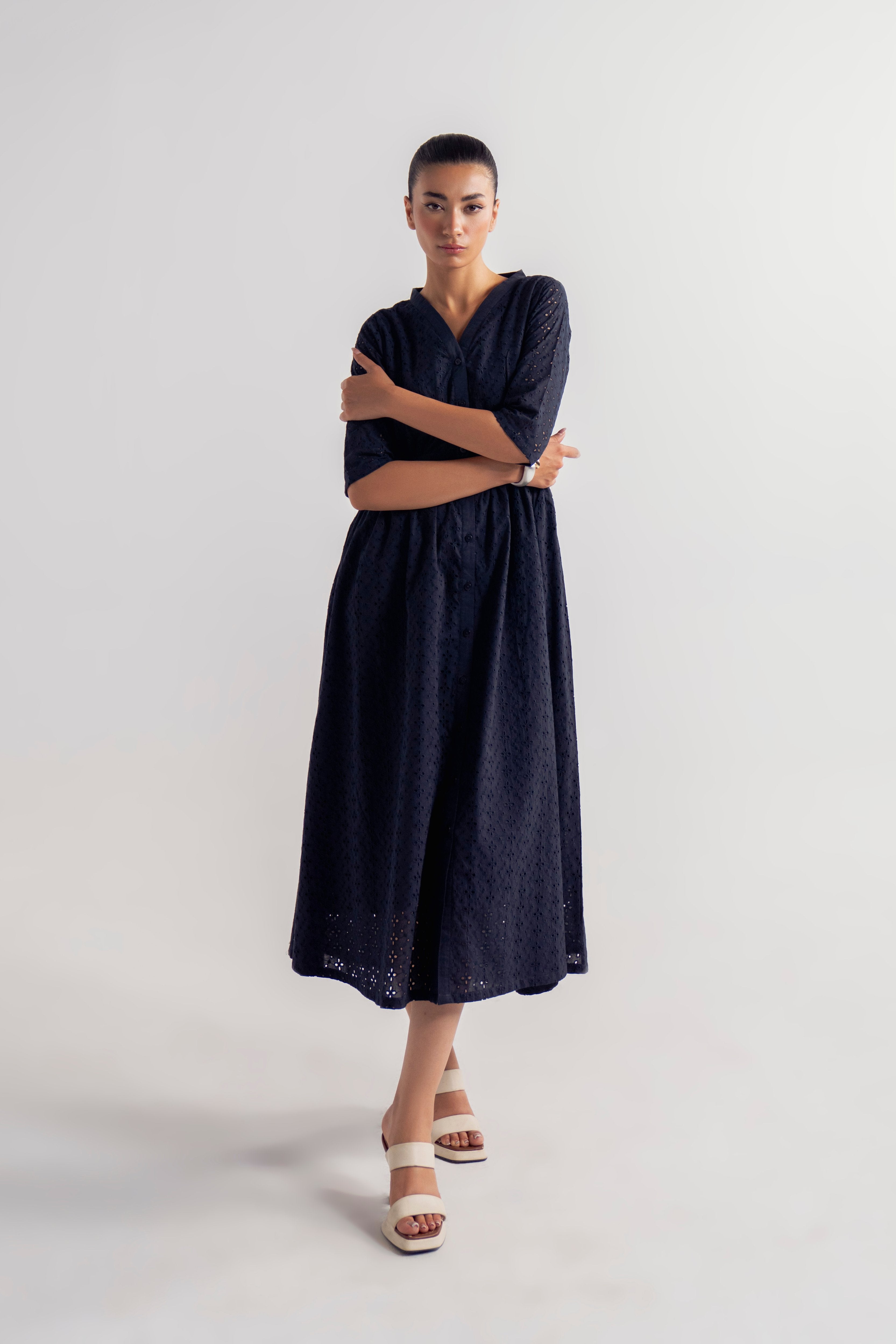 V-NECK EYELET DRESS