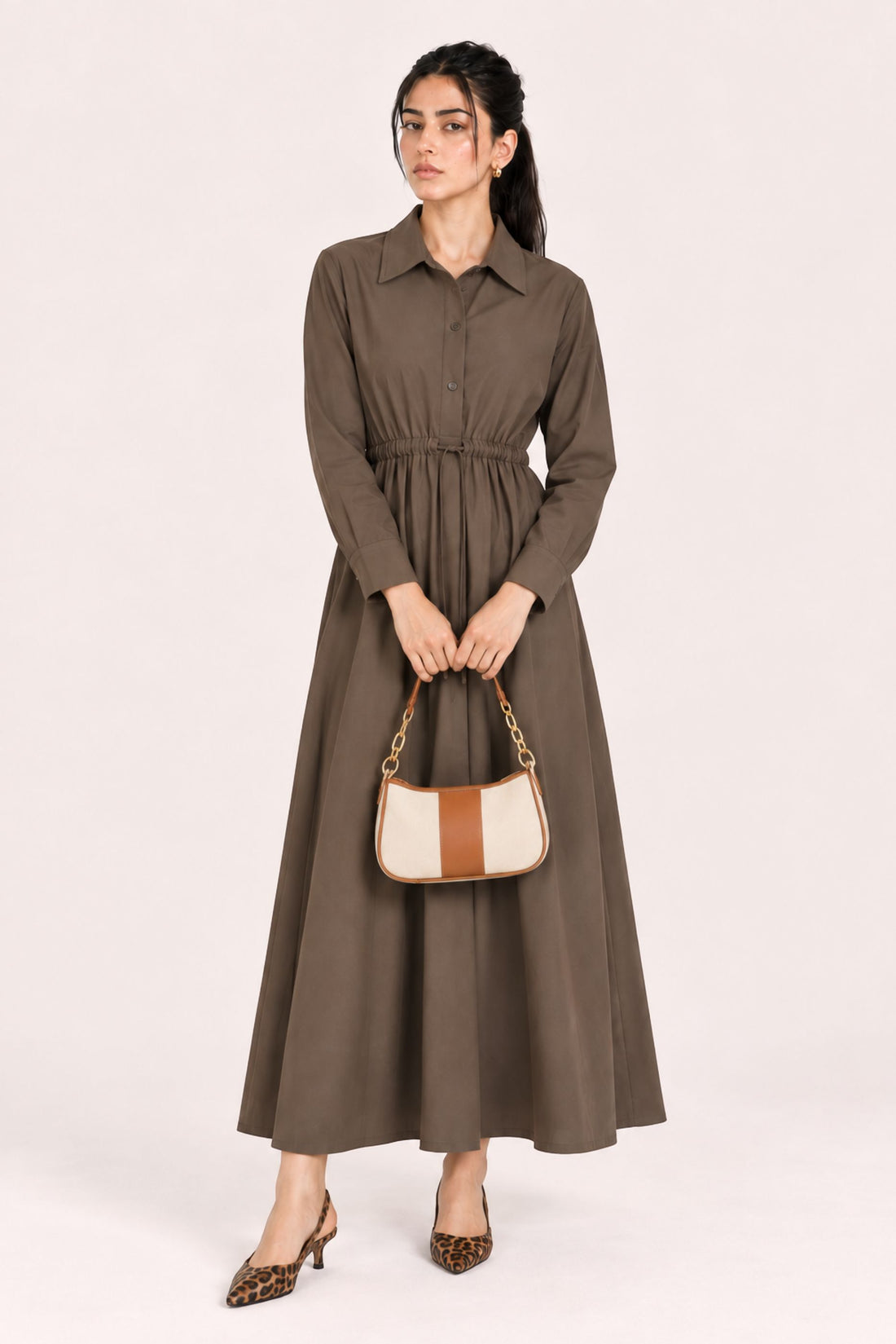 QUARTER BUTTON DOWN DRAWSTRING DRESS