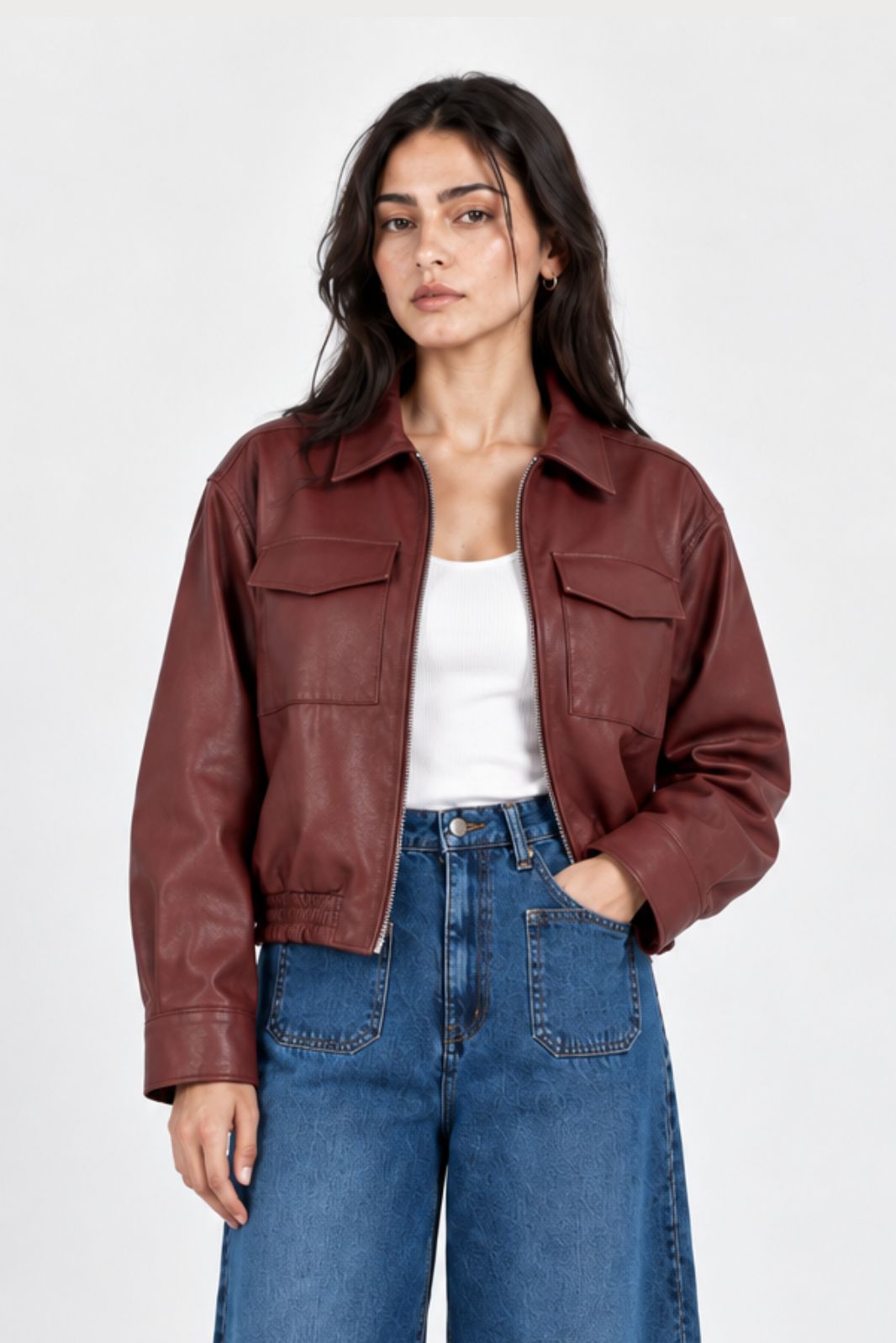 BOXY FIT CROPPED FAUX LEATHER JACKET