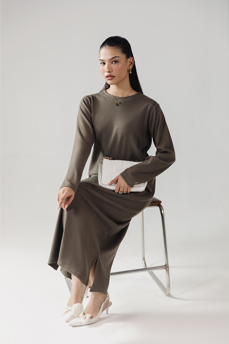 RIB KNIT MIDI DRESS GREEN