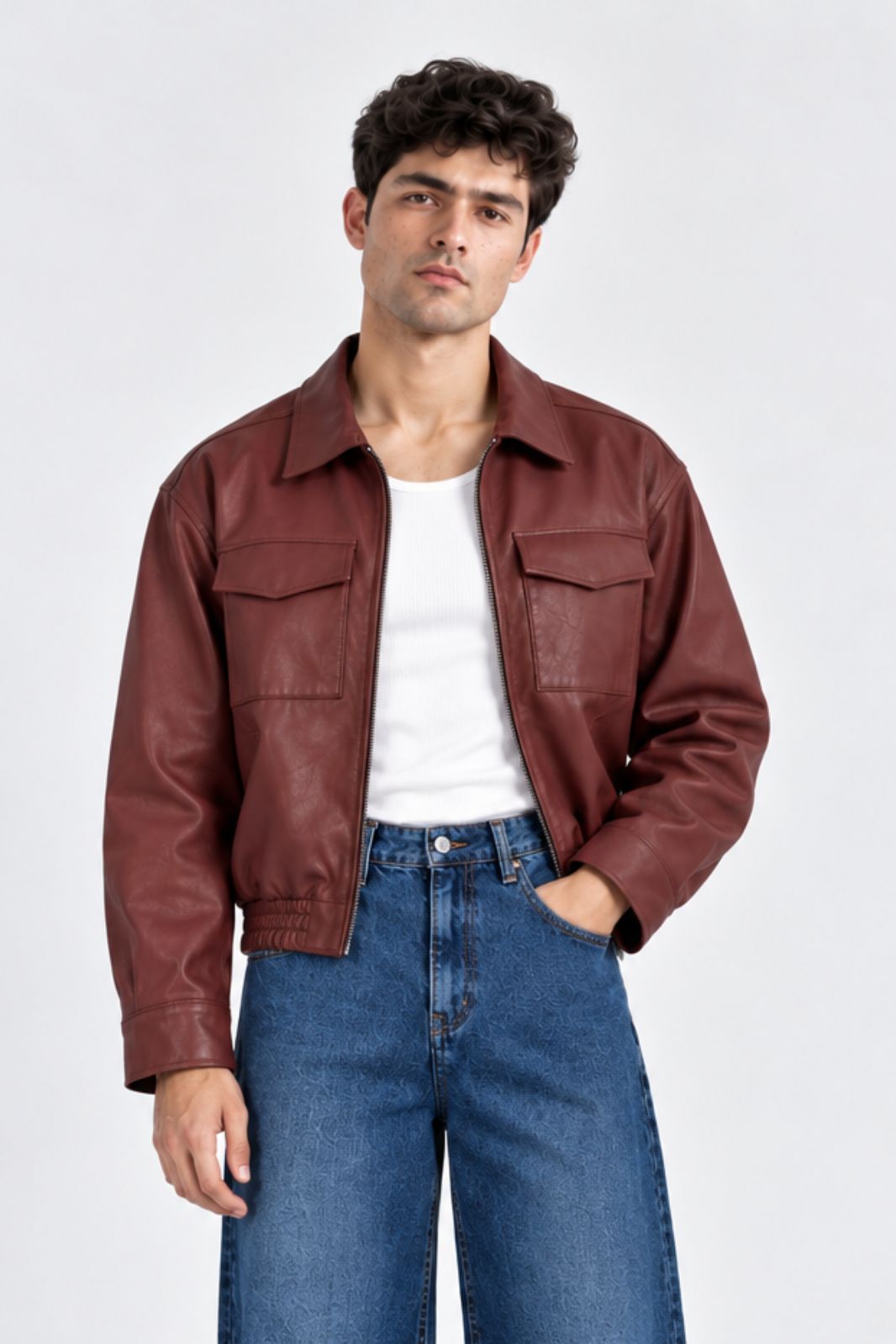BOXY FIT CROPPED FAUX LEATHER JACKET