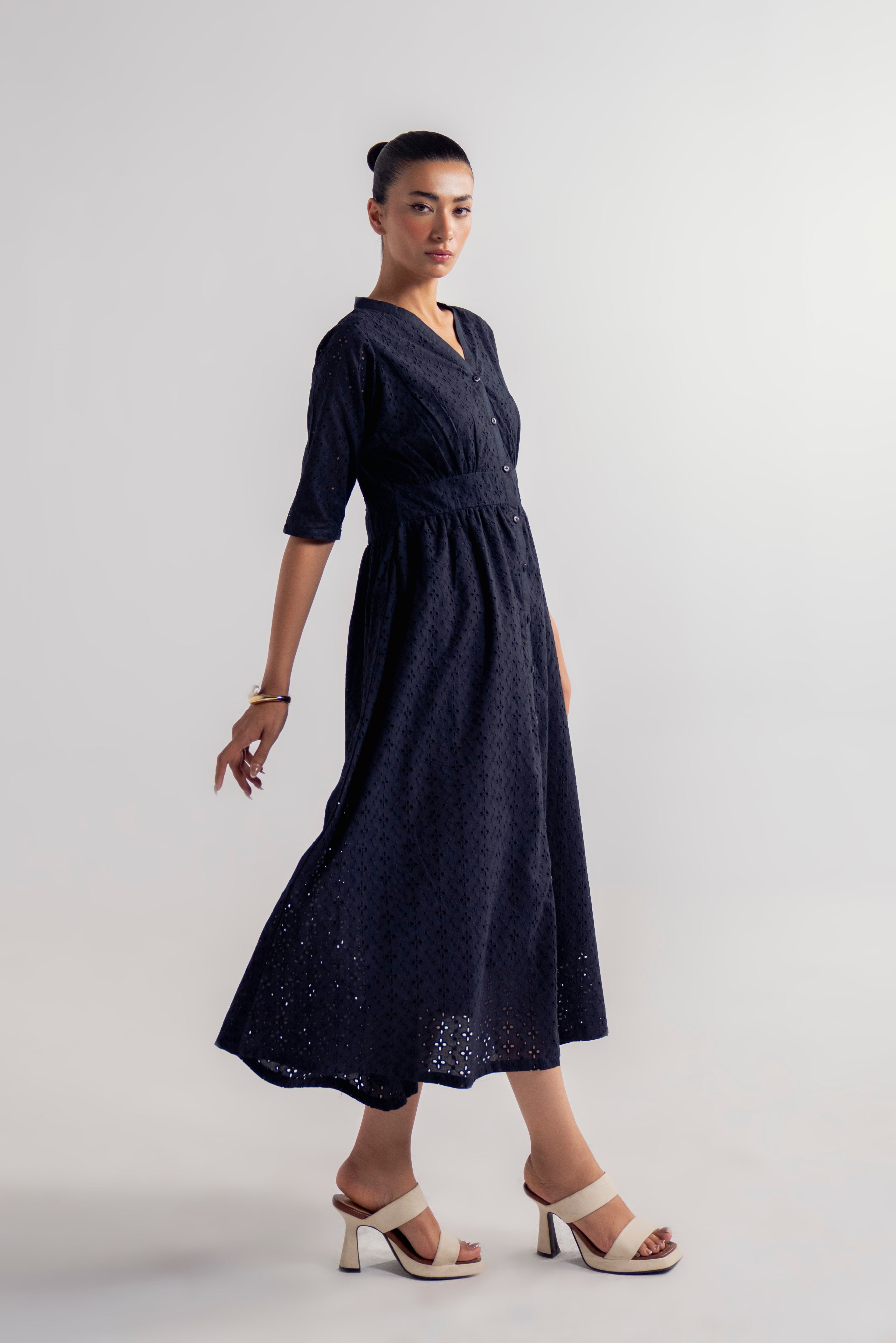V-NECK EYELET DRESS