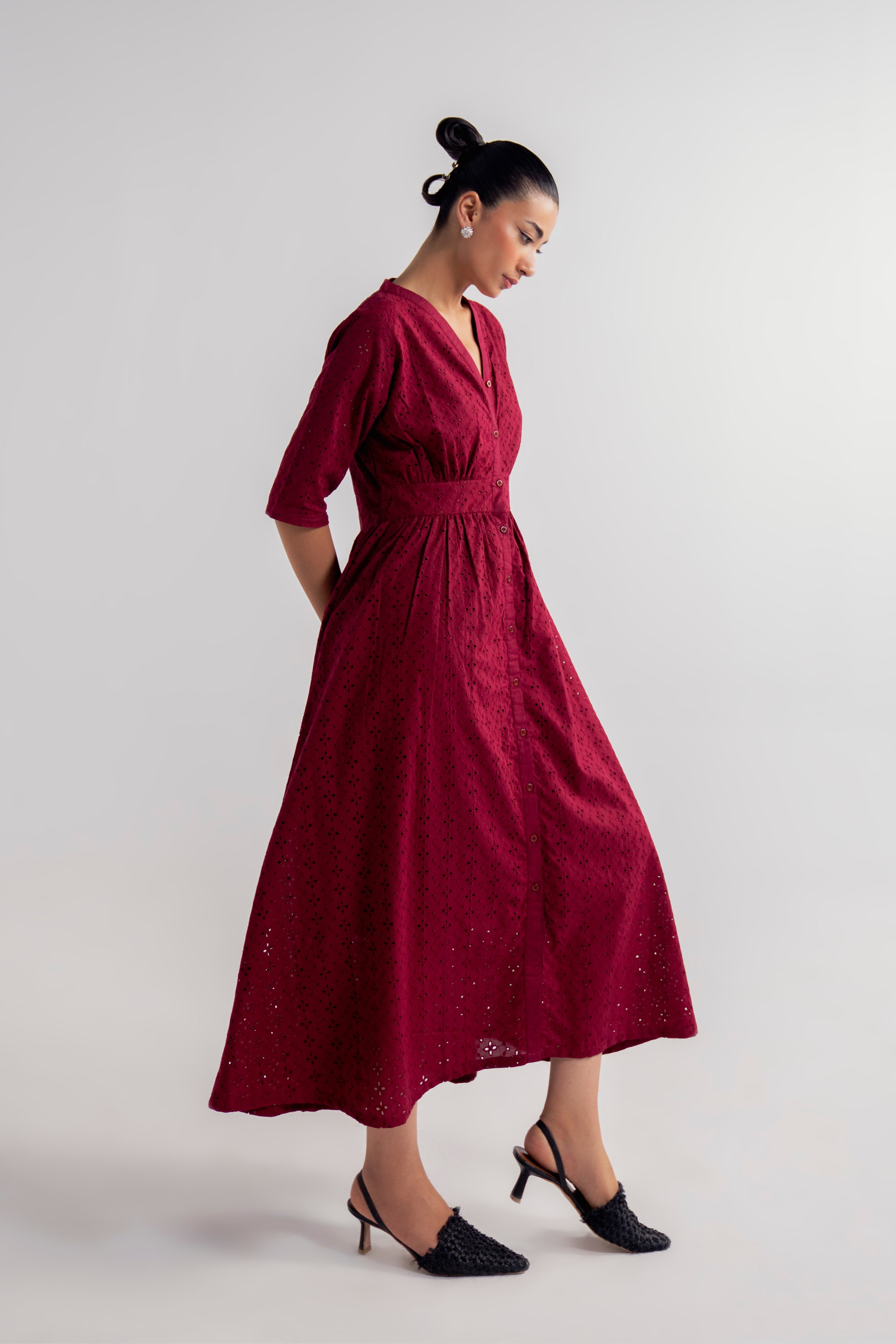 V-NECK EYELET DRESS