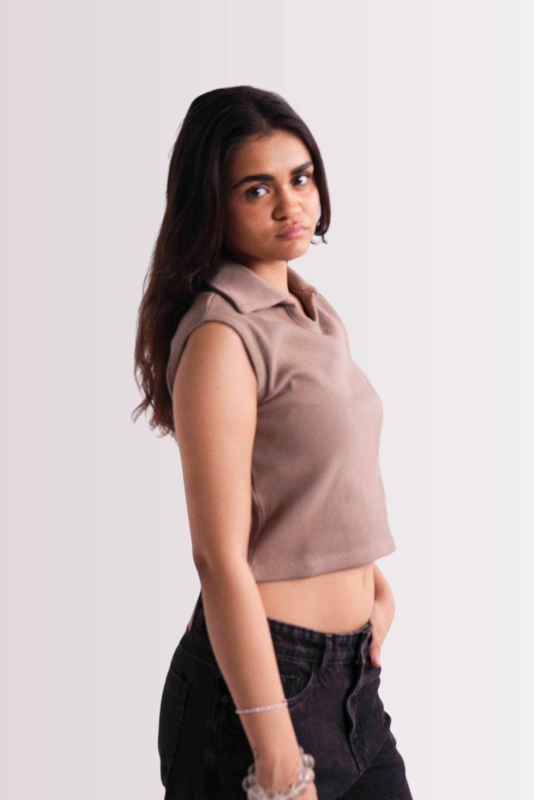 SLEEVELESS POLO COLLAR CROP TOP - DUSTY MAUVE