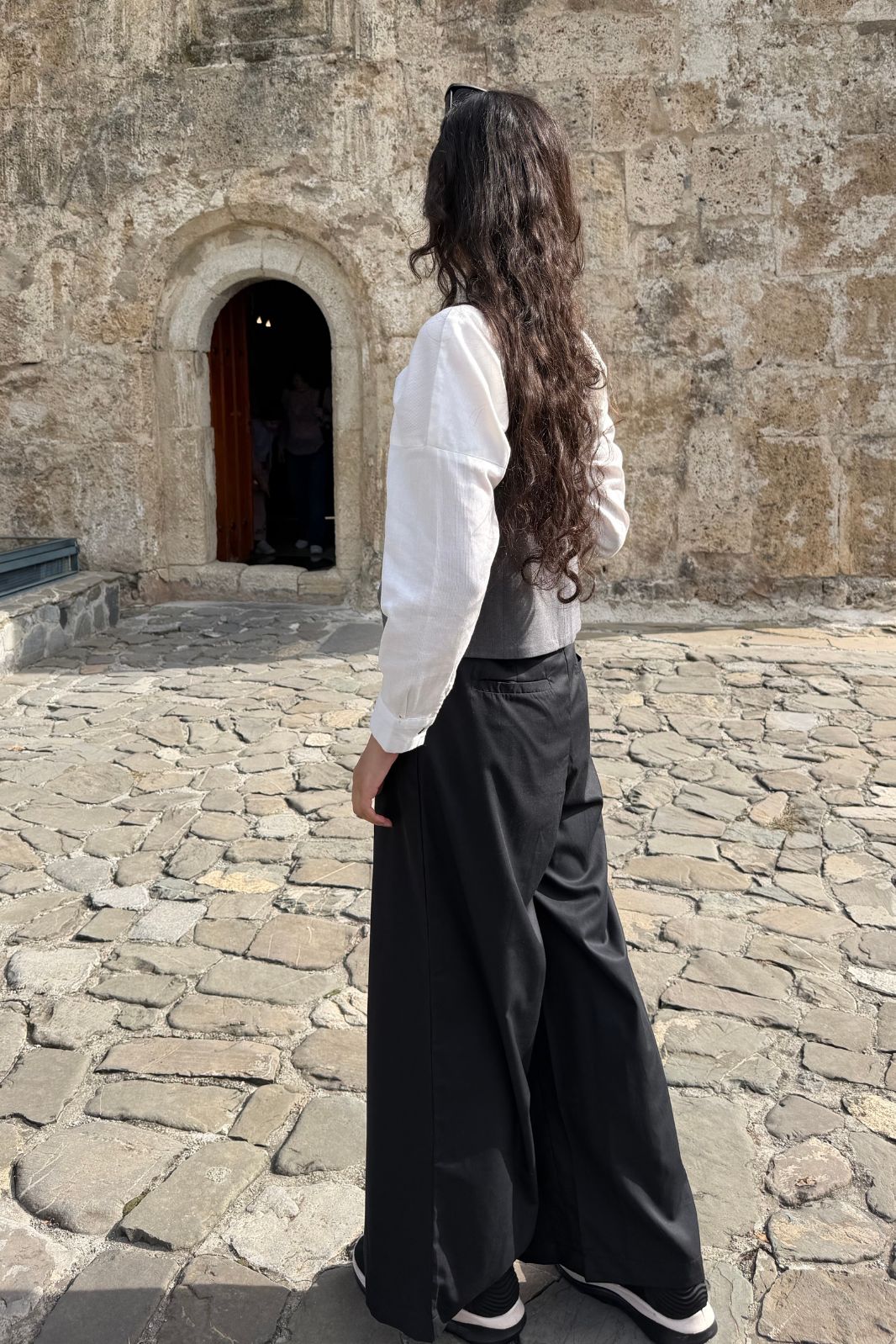 WOMEN DARTED WIDE LEG PANTS