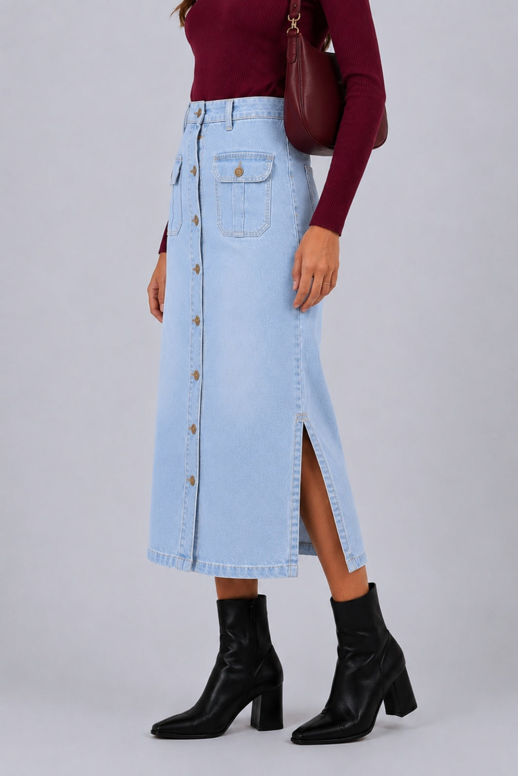 BUTTON DOWN SKIRT LIGHT WASH